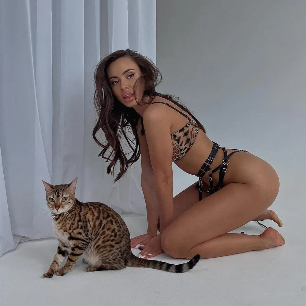 3-Piece Leopard Mesh Lingerie Set