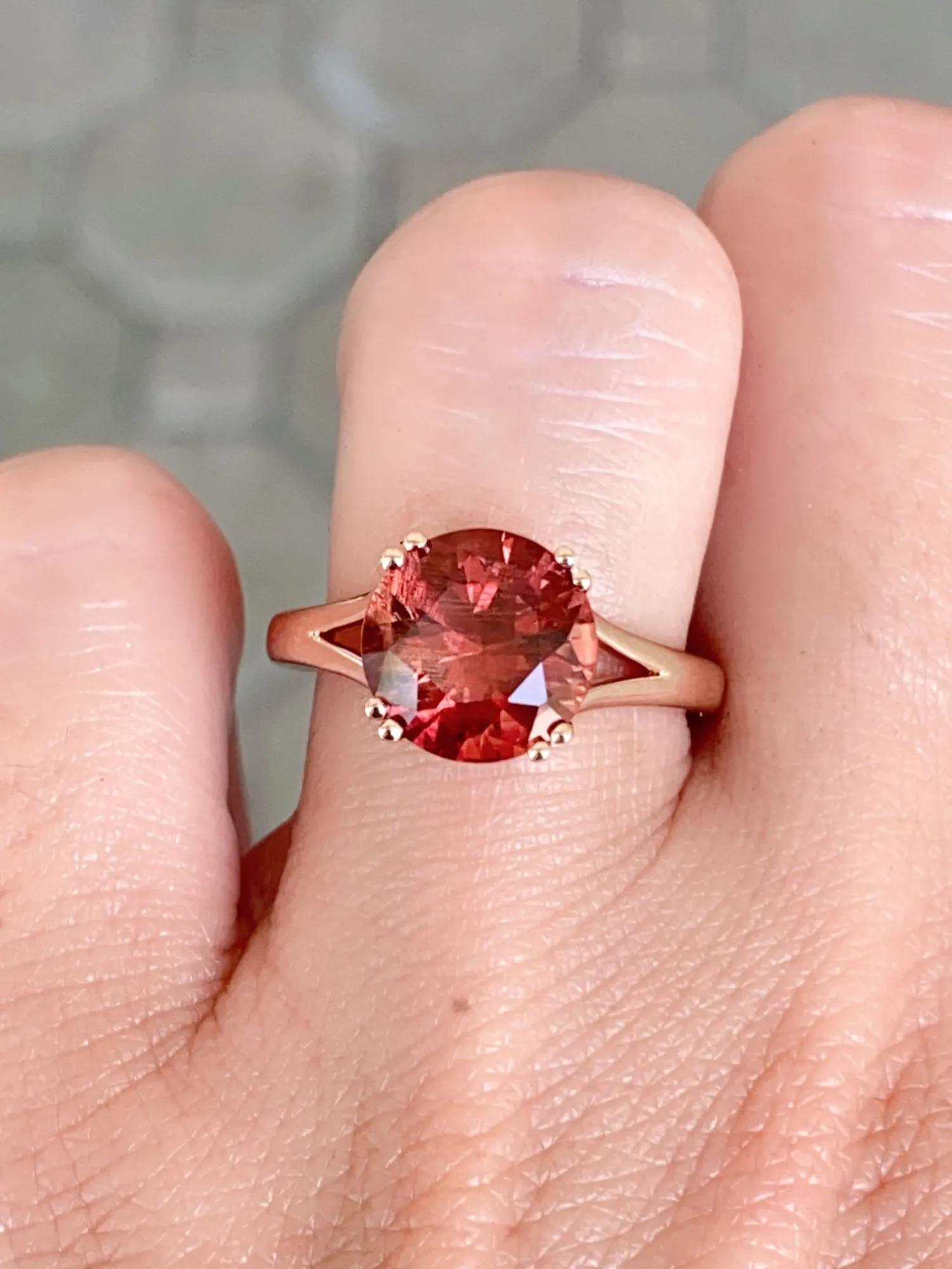 3.12ct Deep Red Oregon Sunstone with Double Prongs Engagement Ring 14K Rose Gold R6590