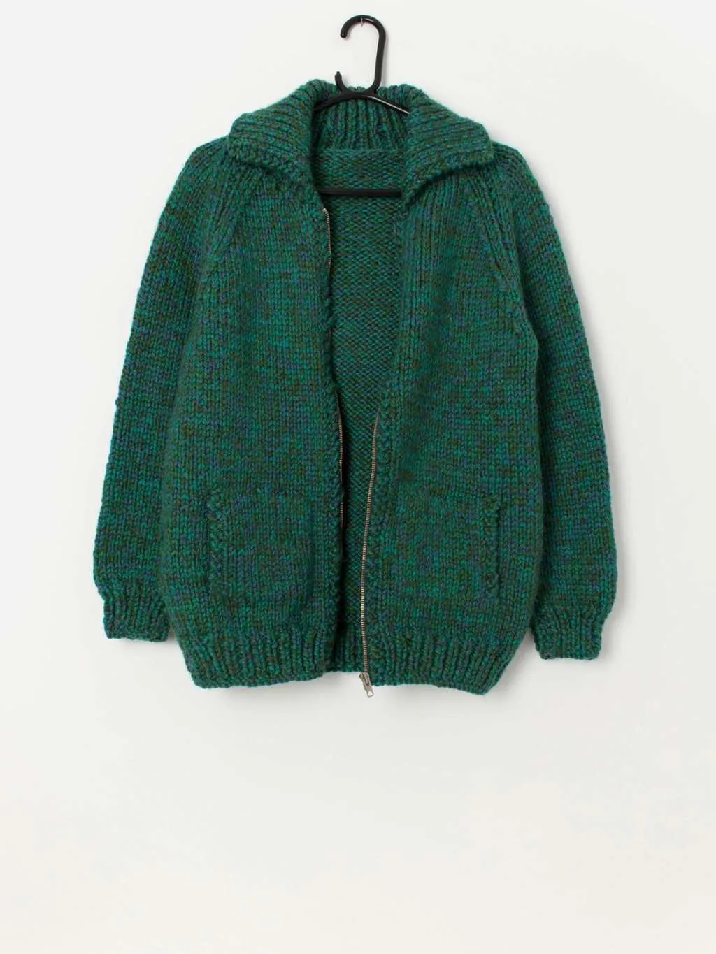 60s vintage handknitted chunky green cardigan with zip – Medium