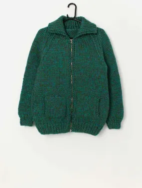 60s vintage handknitted chunky green cardigan with zip – Medium