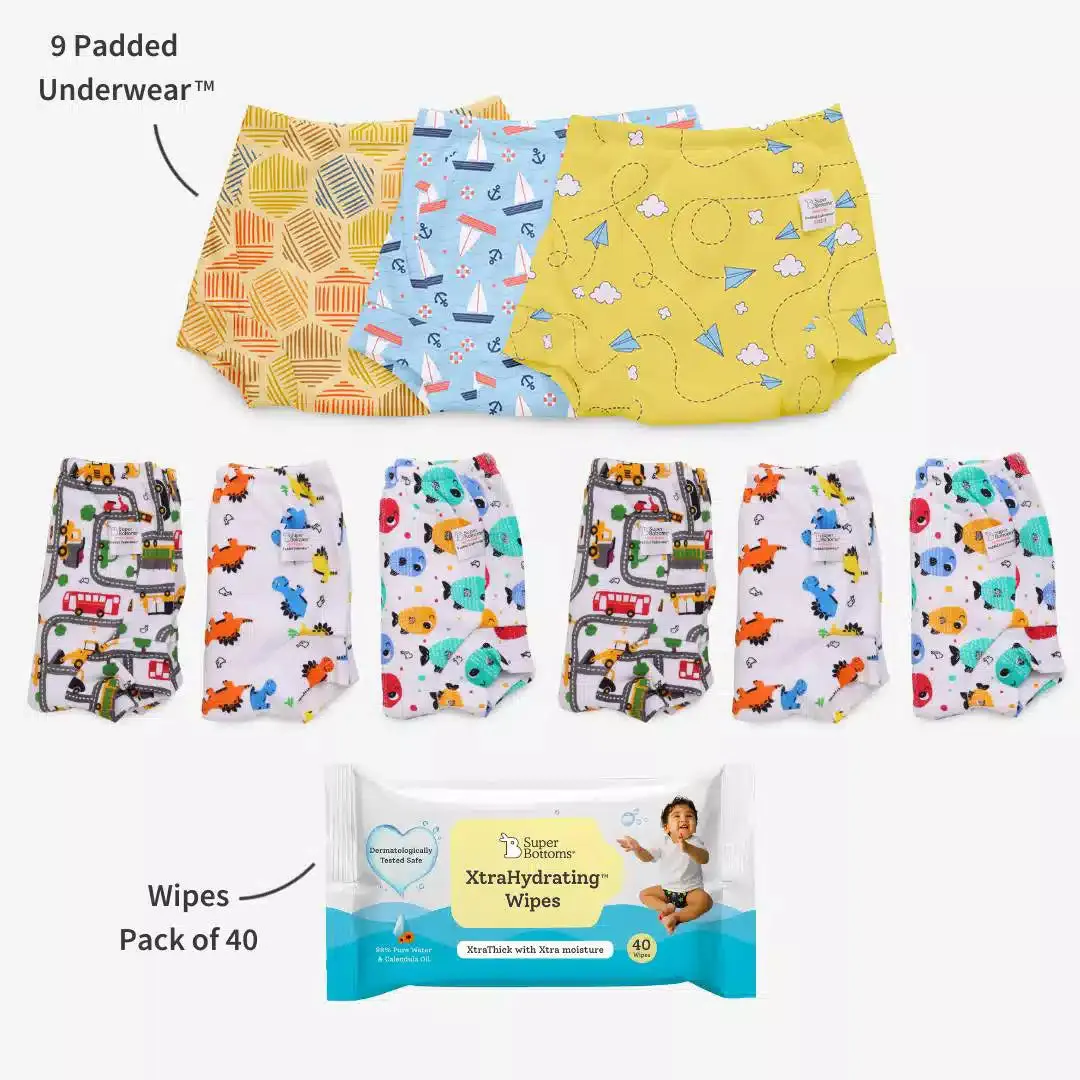 9 Pack Padded Underwear + FREE Wipes - 40 Pack