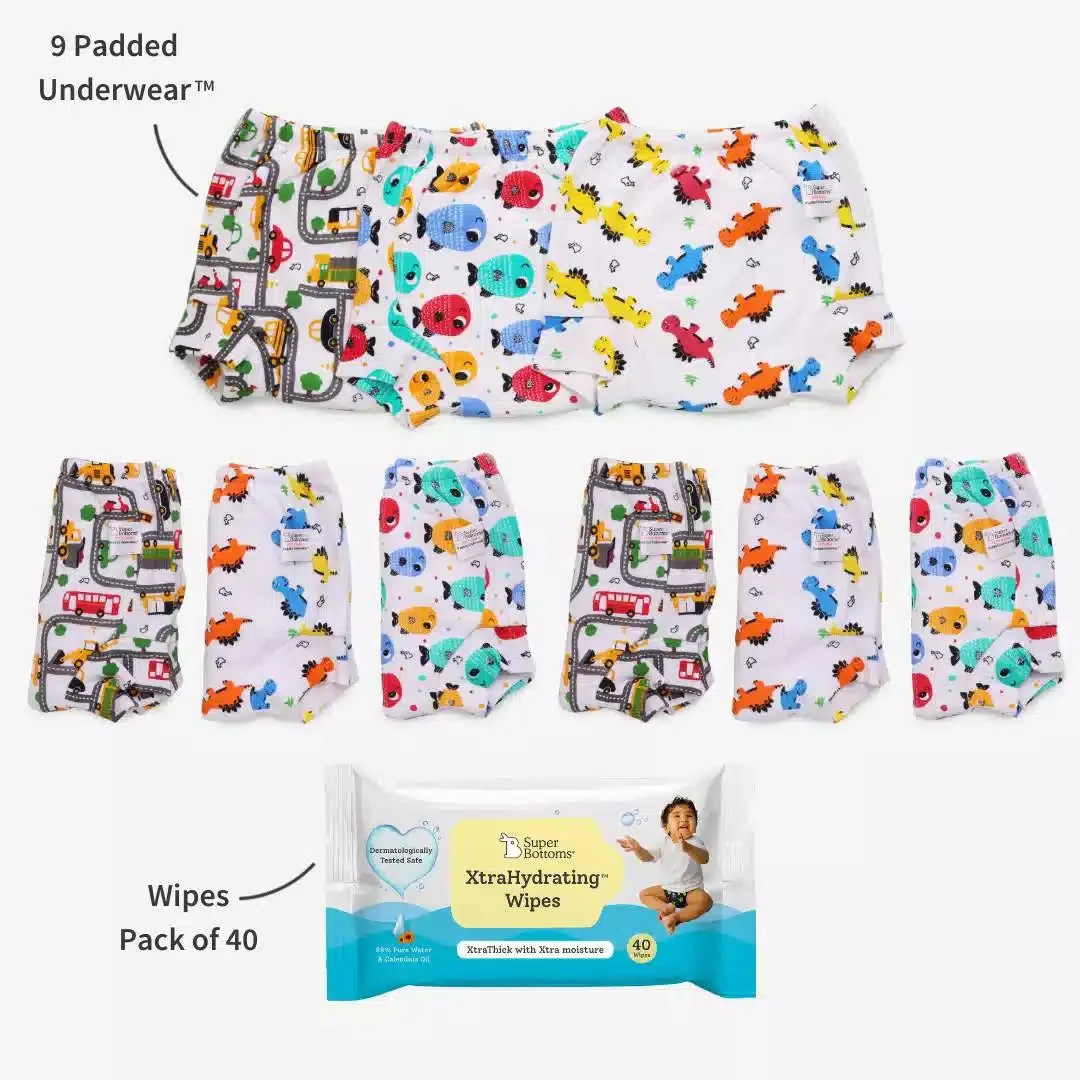 9 Pack Padded Underwear + FREE Wipes - 40 Pack