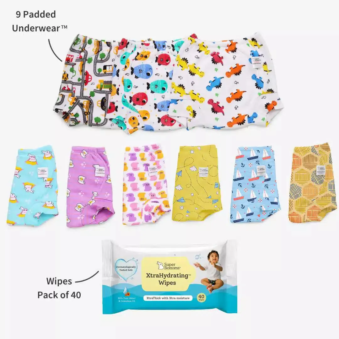 9 Pack Padded Underwear + FREE Wipes - 40 Pack