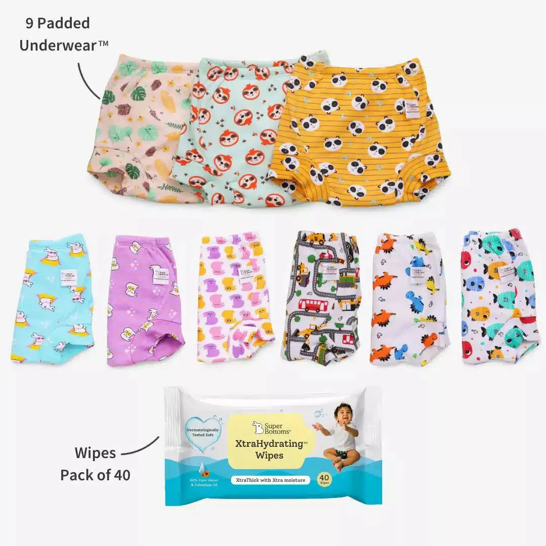 9 Pack Padded Underwear + FREE Wipes - 40 Pack