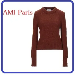 AMI PARIS  |Wool Long Sleeves Plain Medium V-neck & Crew neck