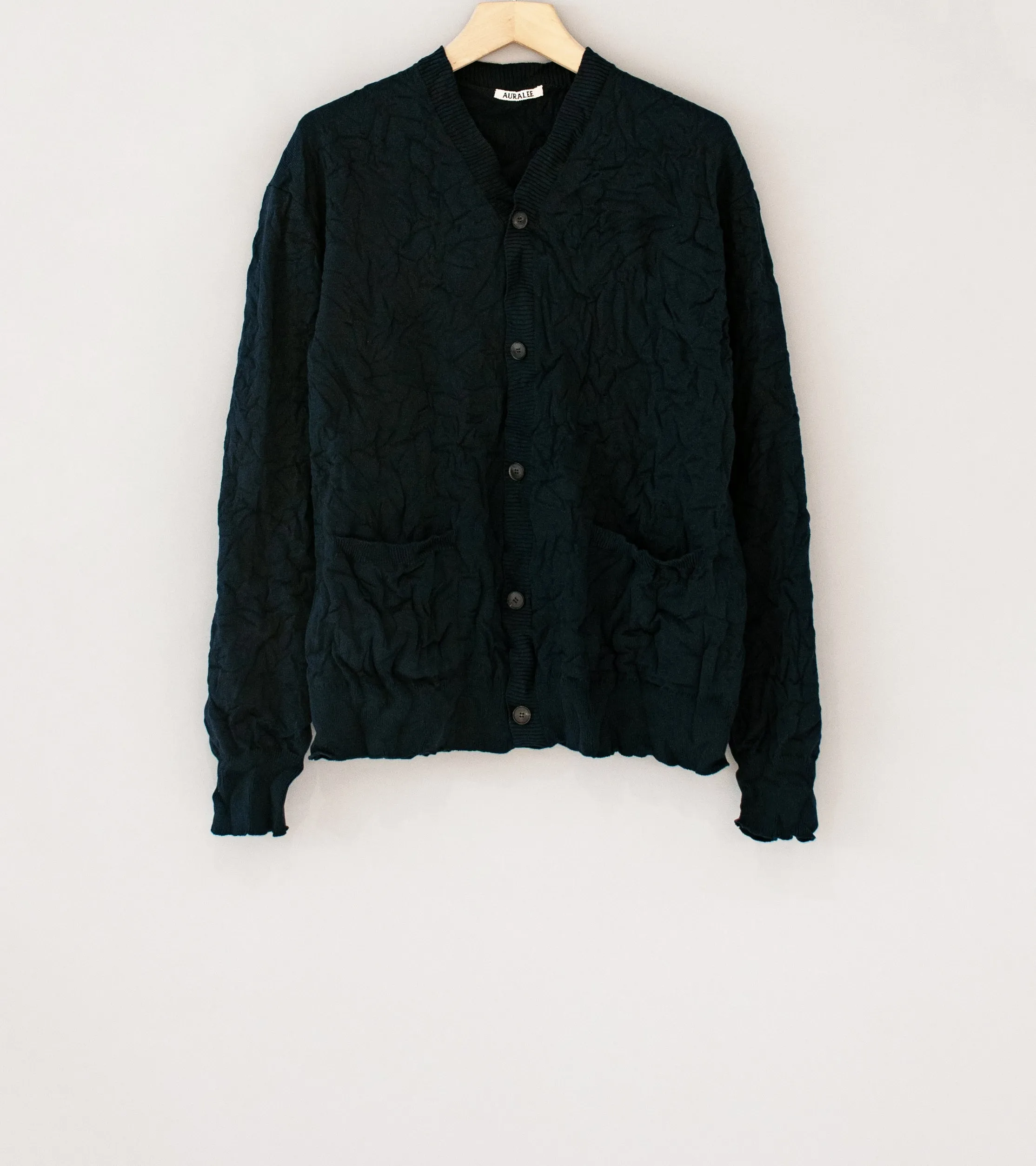 Auralee 'Wrinkled Dry Cotton Knit Cardigan' (Dark Navy)