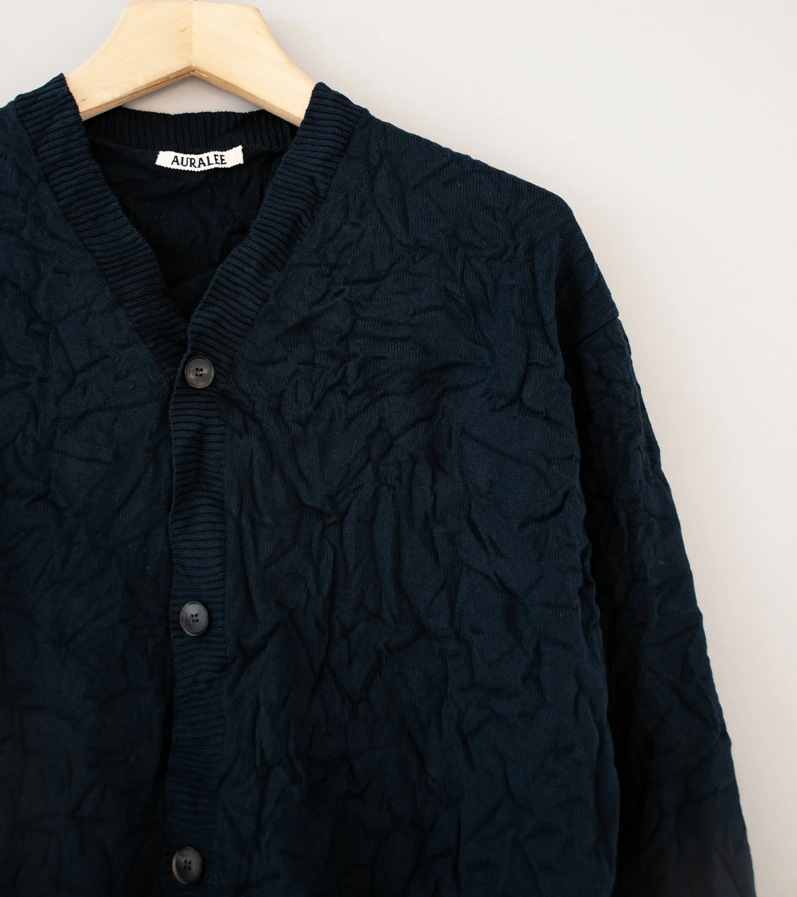 Auralee 'Wrinkled Dry Cotton Knit Cardigan' (Dark Navy)