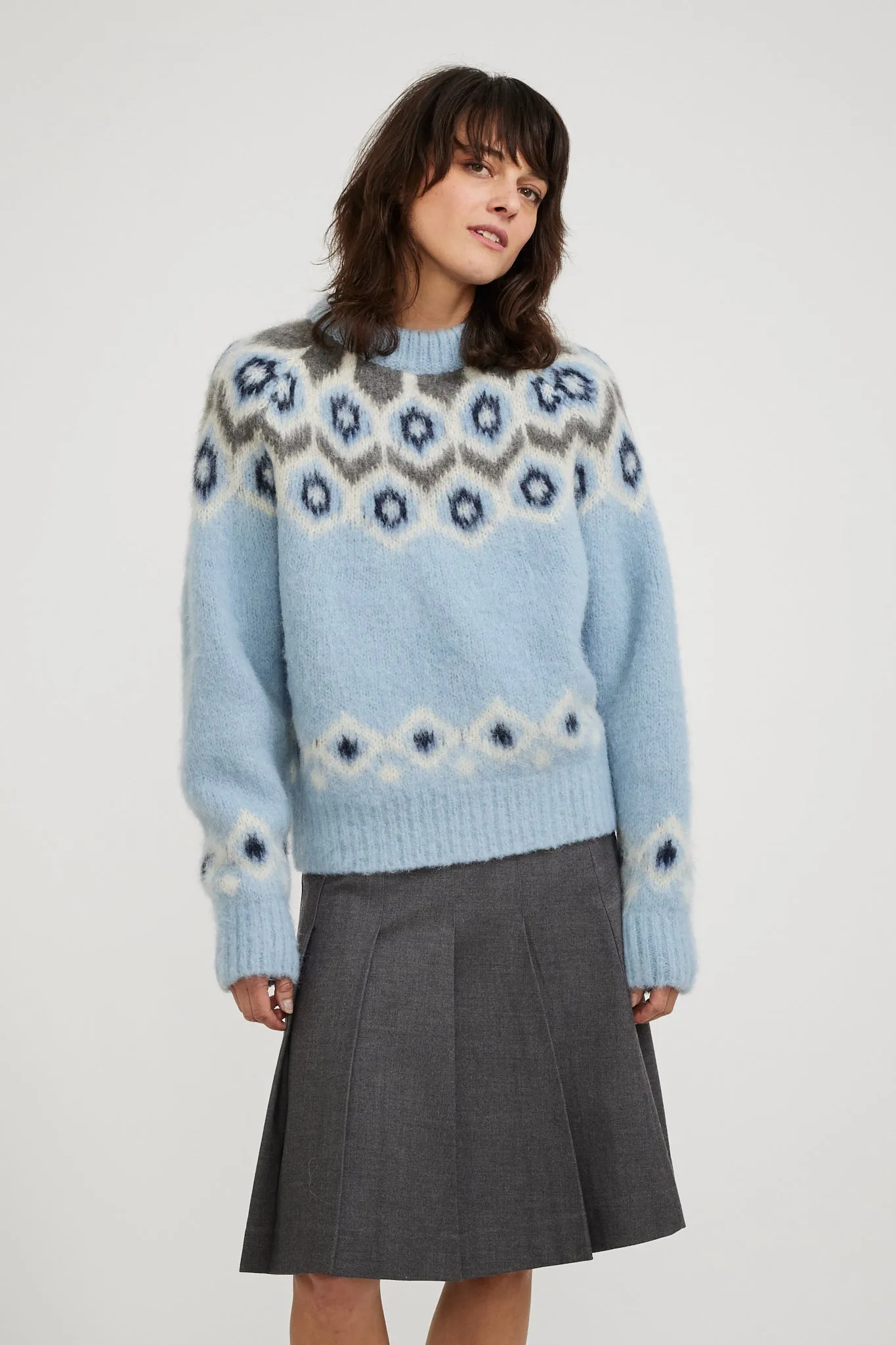 Baby Alpaca Fair Isle Sweater Soft Blue