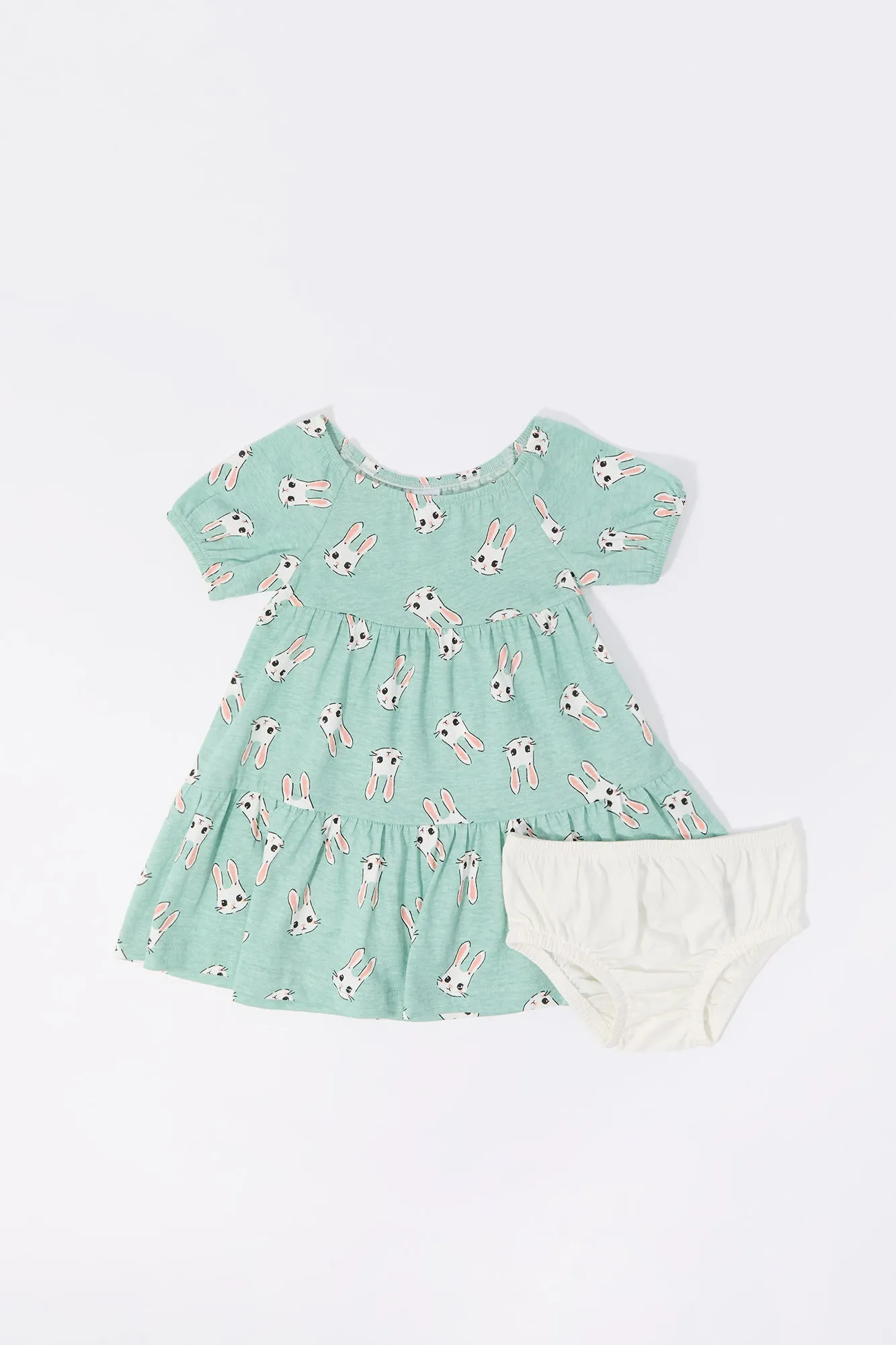 Baby Bunny Print Short Sleeve Dress and Underwear (2 Piece Set)