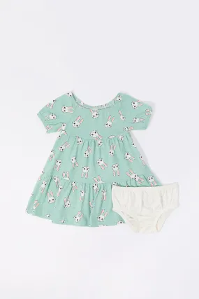 Baby Bunny Print Short Sleeve Dress and Underwear (2 Piece Set)