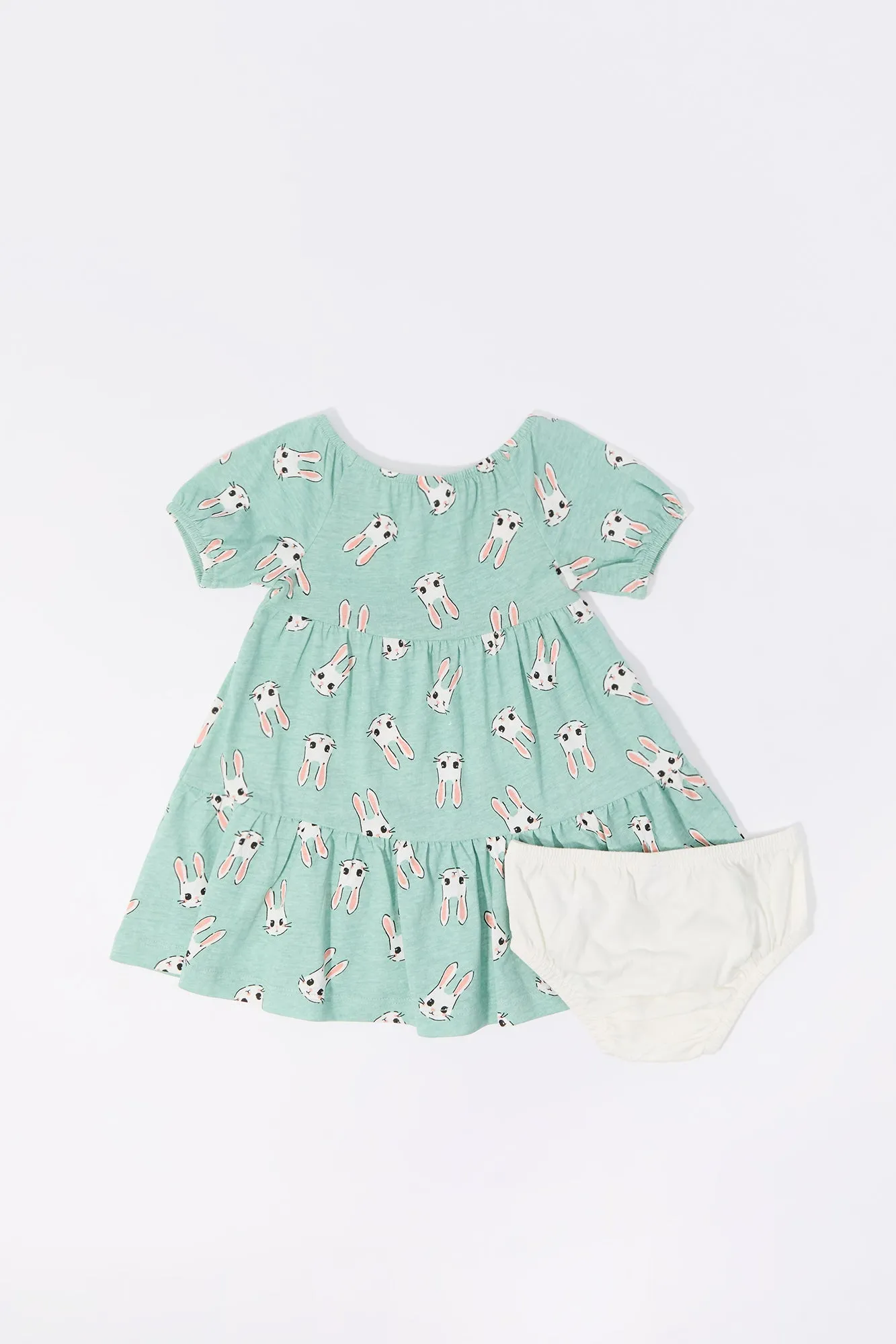 Baby Bunny Print Short Sleeve Dress and Underwear (2 Piece Set)