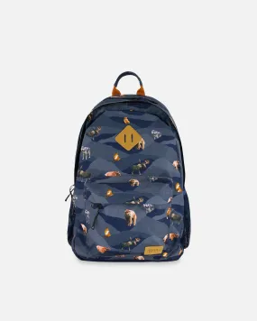 Backpack Navy Printed Mountains Animals