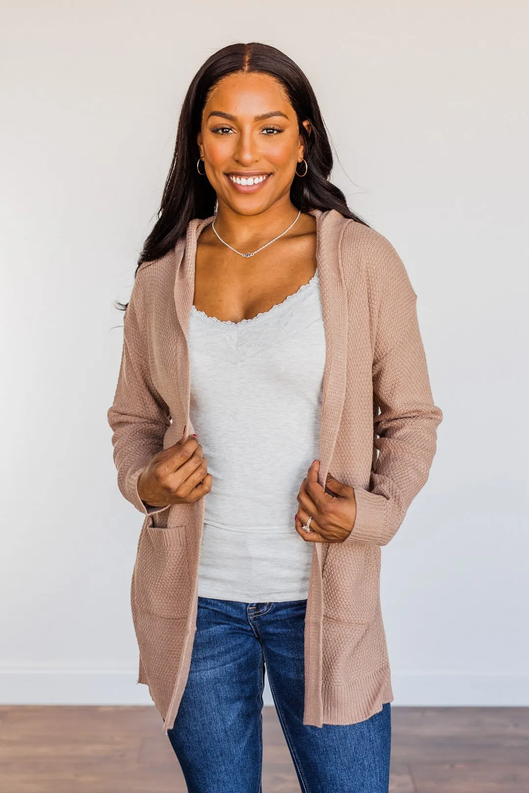 Be There Soon Hooded Knit Cardigan- Dark Beige