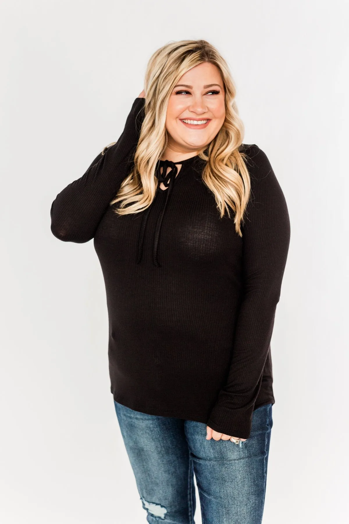 Believe In Yourself Long Sleeve Knit Top- Black