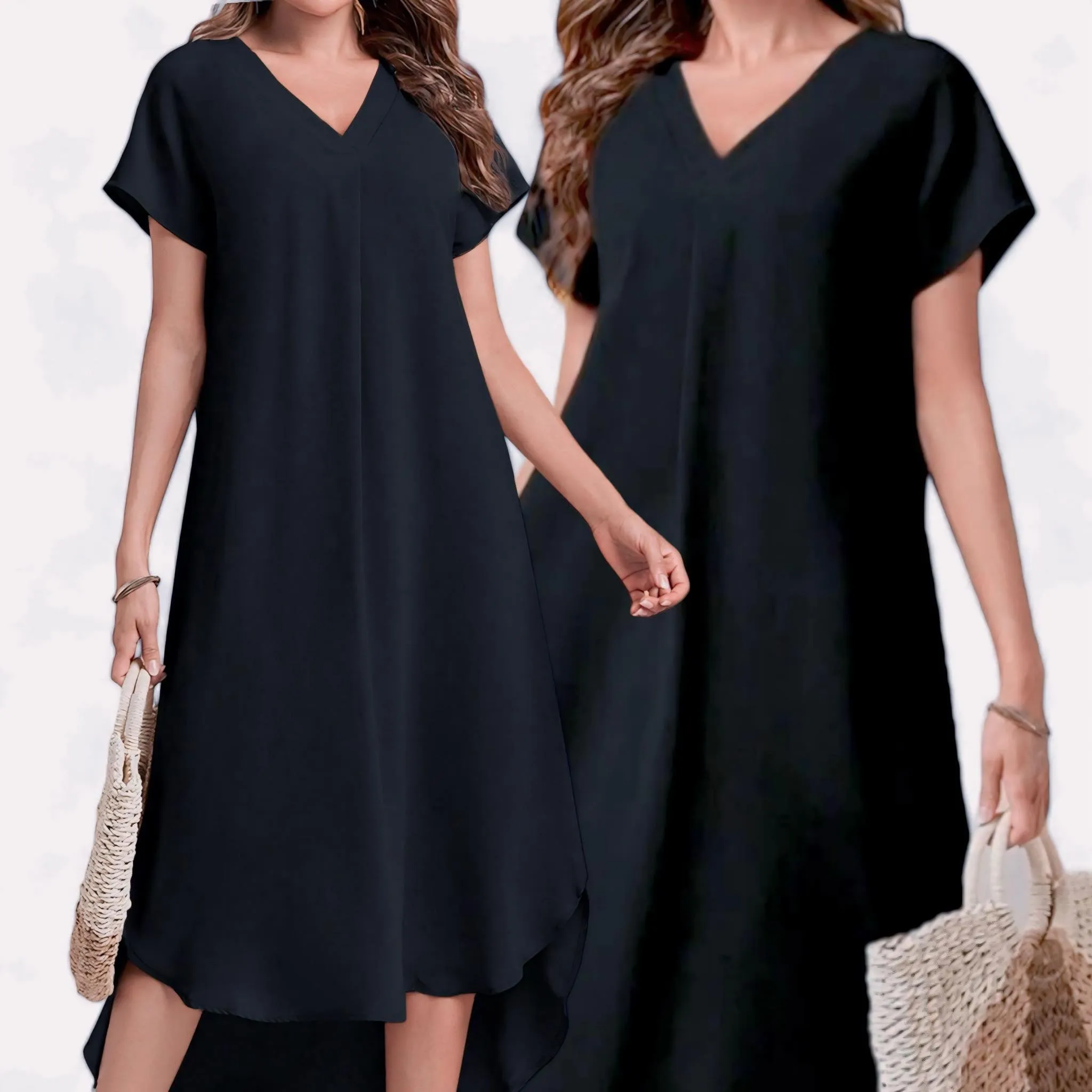 BLK V Neck Extended Sleeves Long Dress