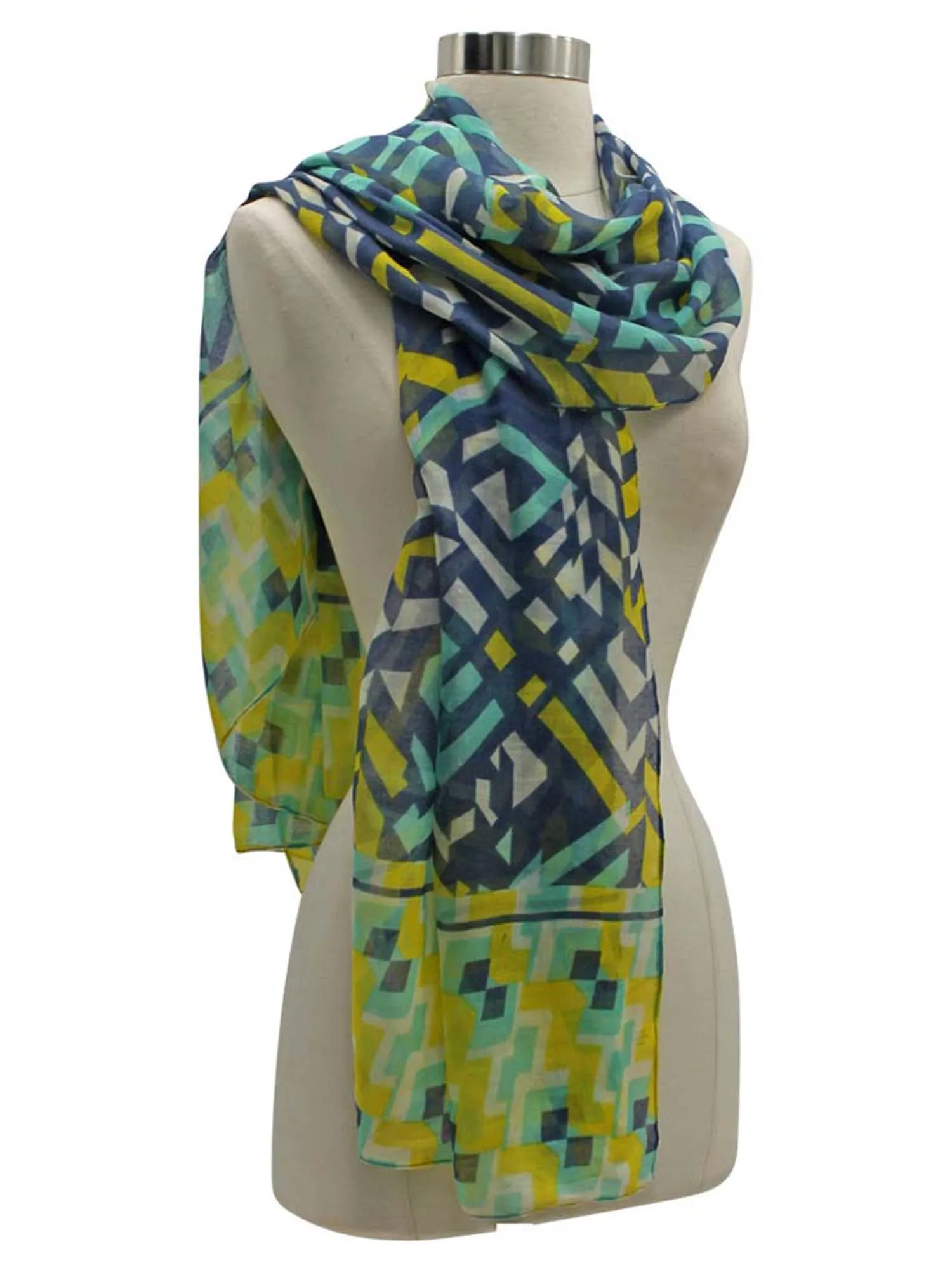 Blue Multicolor Geometric Pattern Oblong Lightweight Scarf Wrap