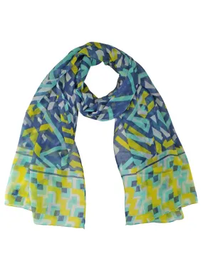 Blue Multicolor Geometric Pattern Oblong Lightweight Scarf Wrap