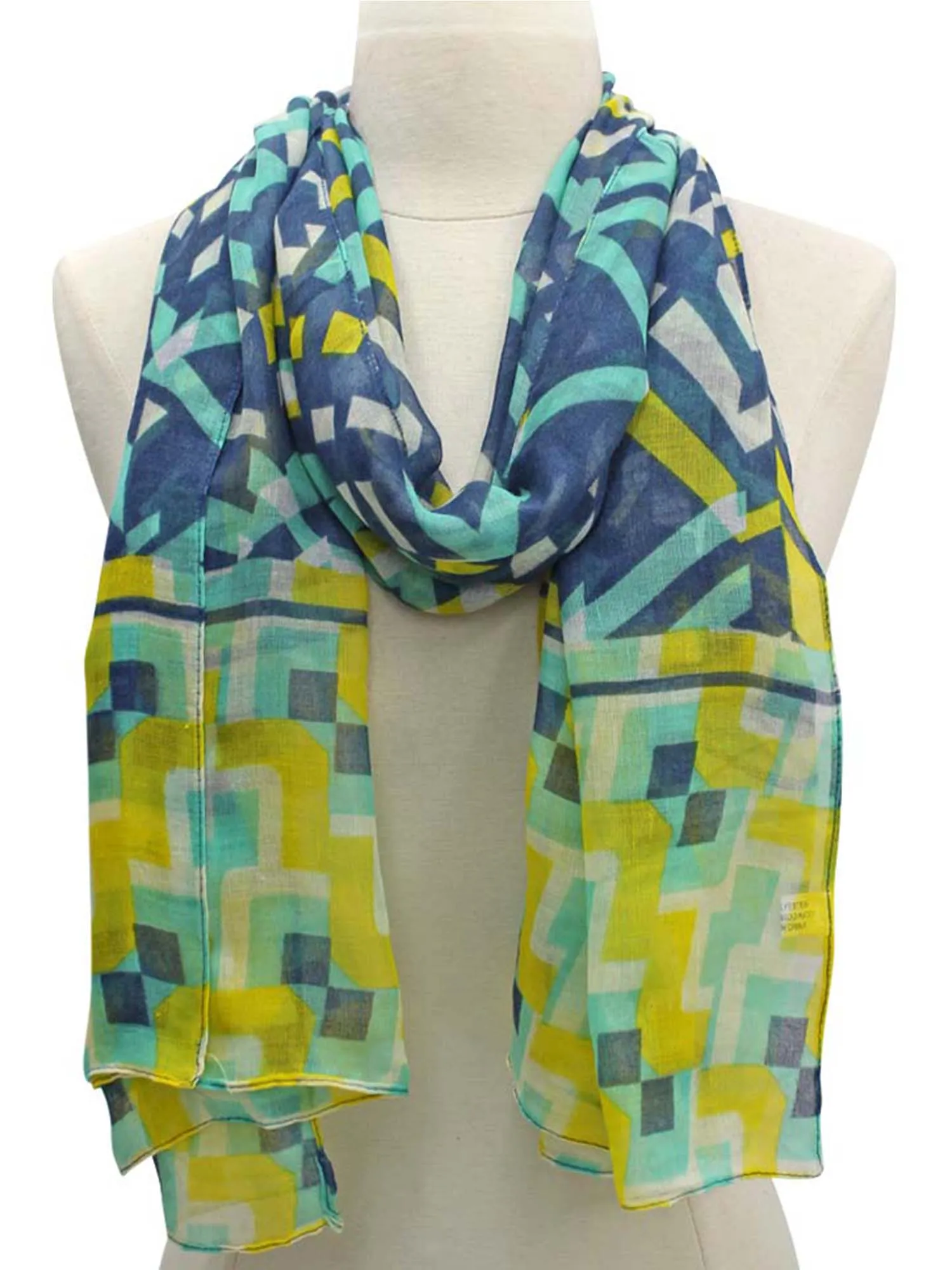 Blue Multicolor Geometric Pattern Oblong Lightweight Scarf Wrap