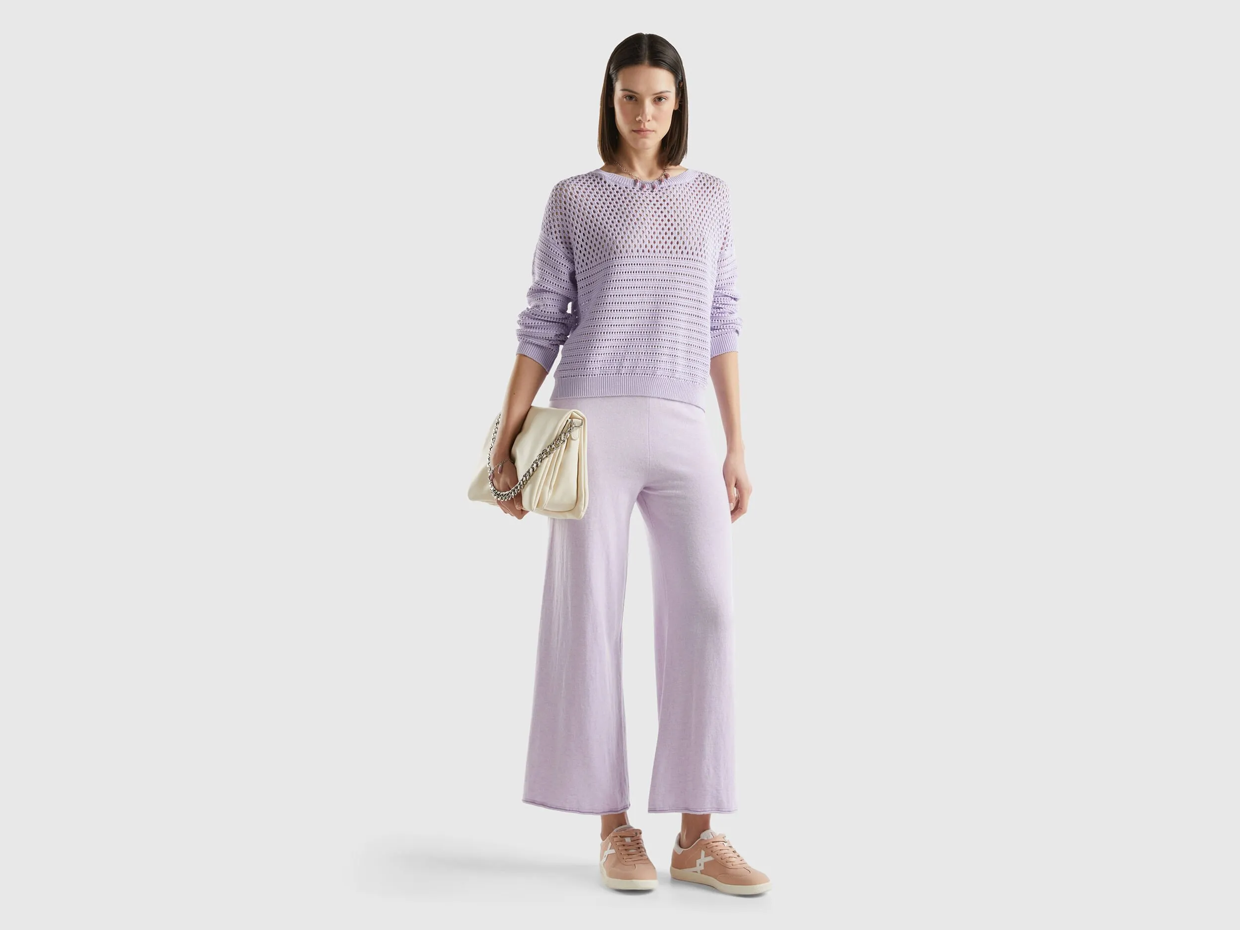 Boxy fit sweater with open knit - Lilac | Benetton