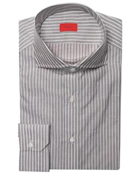 Brown and White Micro Striped Cotton Blend Dress Shirt