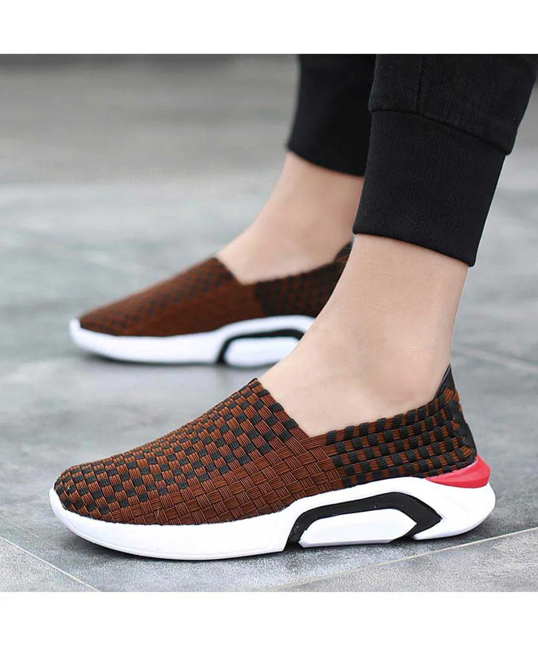 Brown check weave slip on shoe sneaker