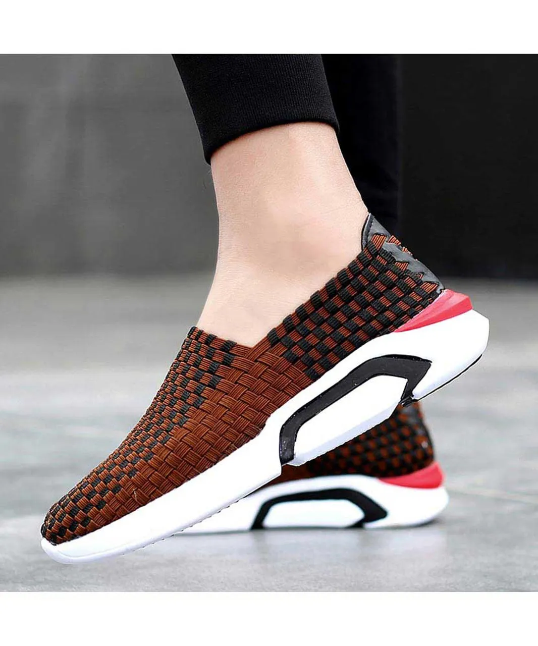 Brown check weave slip on shoe sneaker