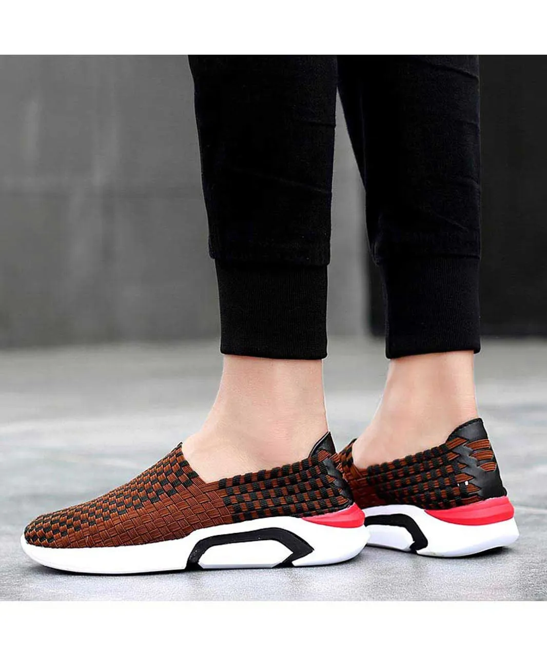 Brown check weave slip on shoe sneaker