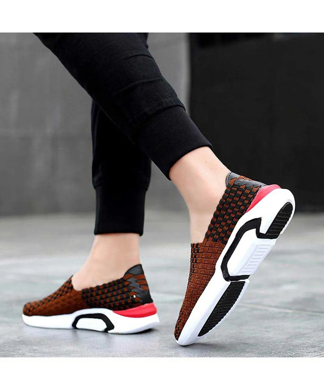 Brown check weave slip on shoe sneaker