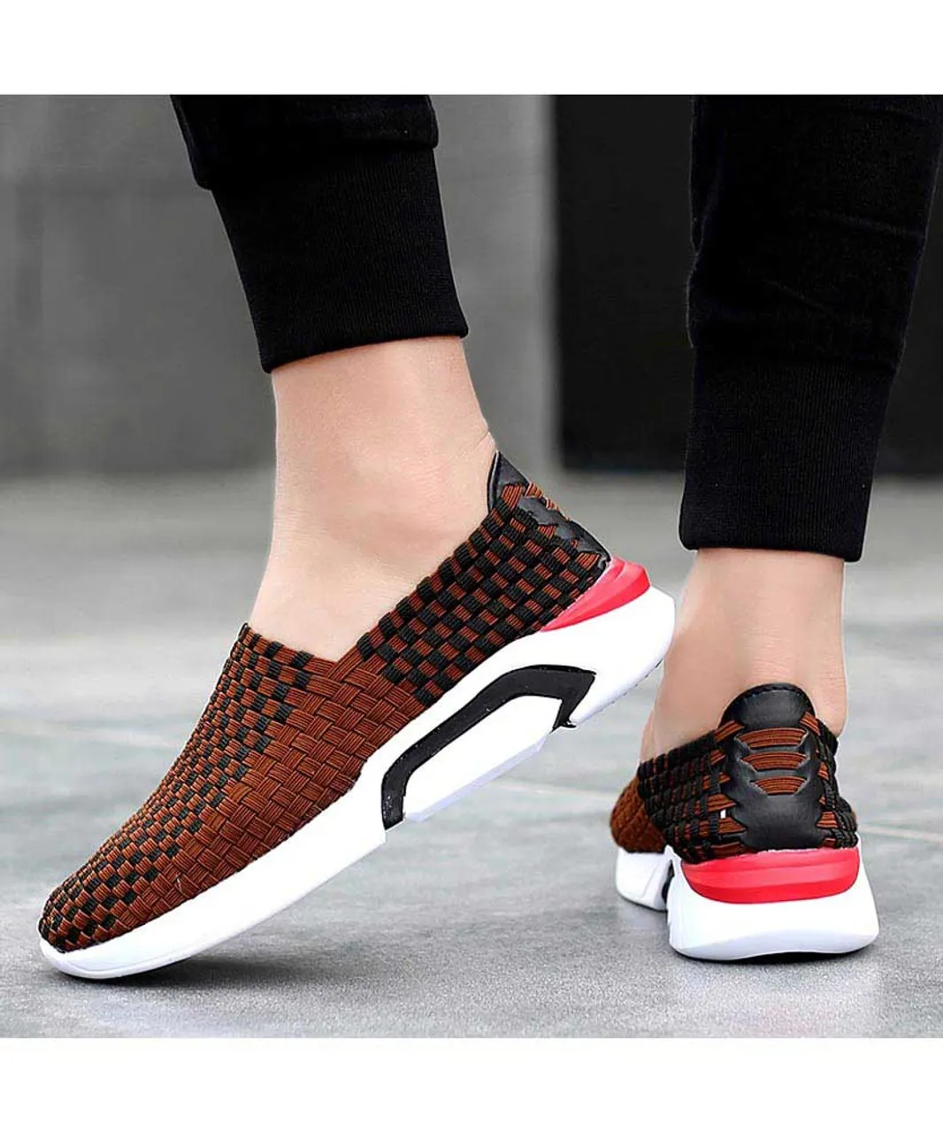 Brown check weave slip on shoe sneaker