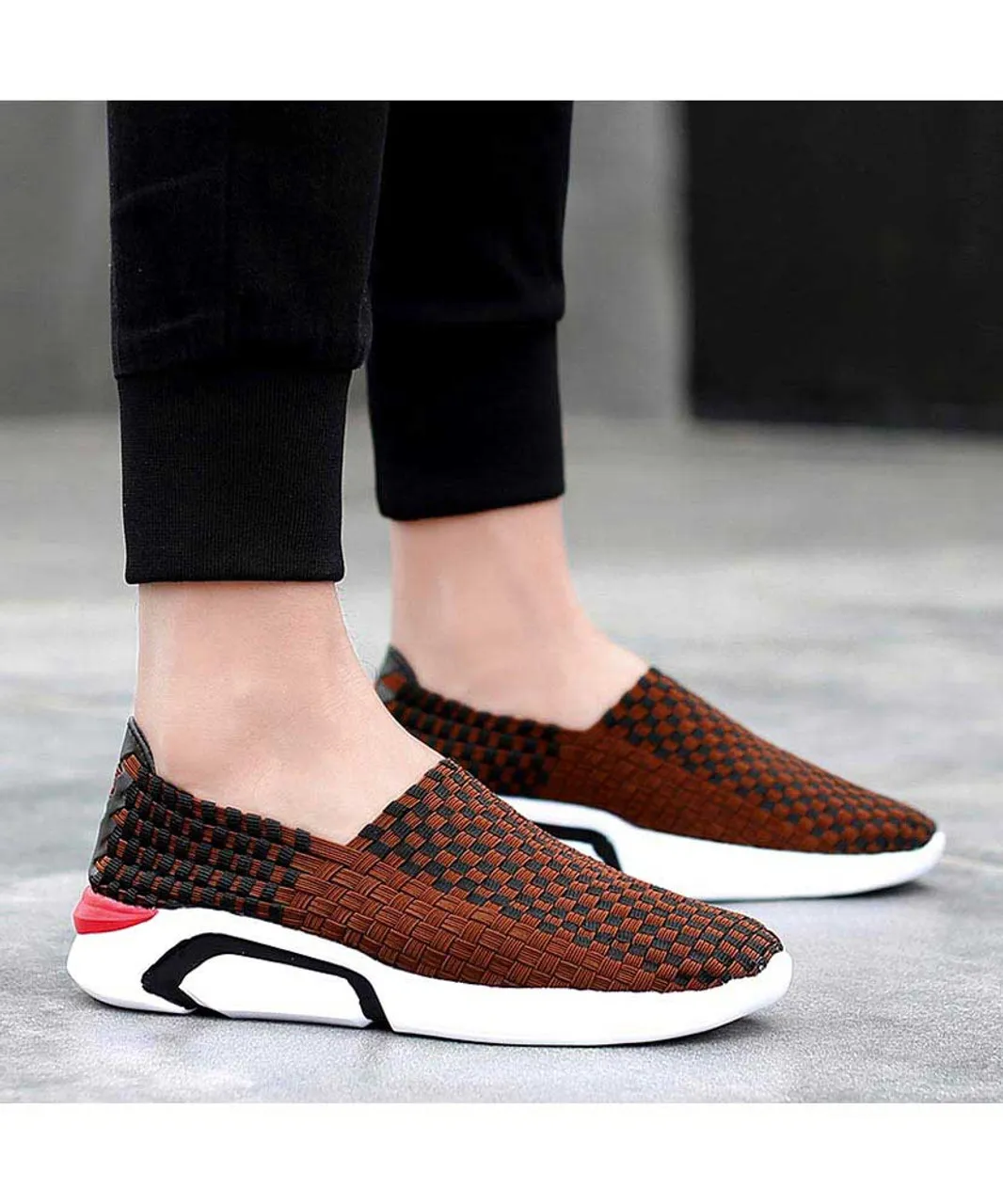 Brown check weave slip on shoe sneaker