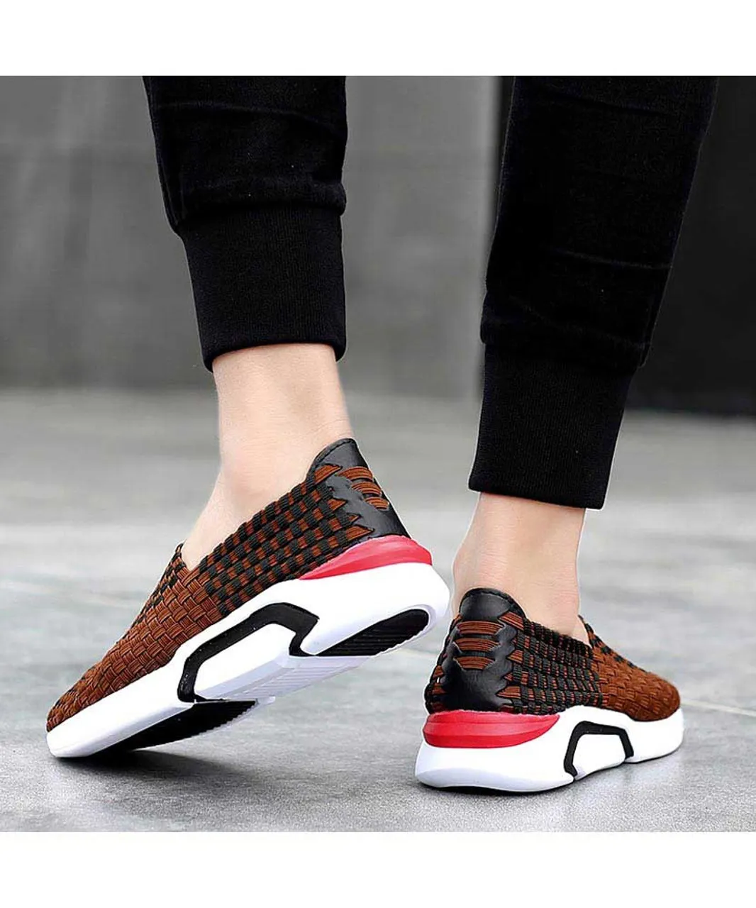 Brown check weave slip on shoe sneaker