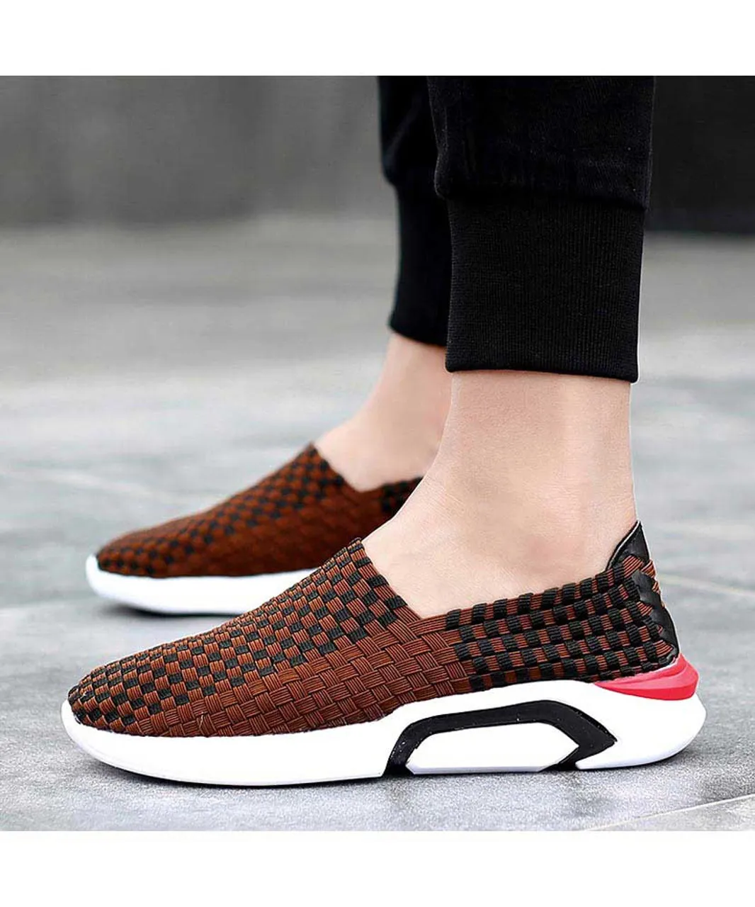 Brown check weave slip on shoe sneaker