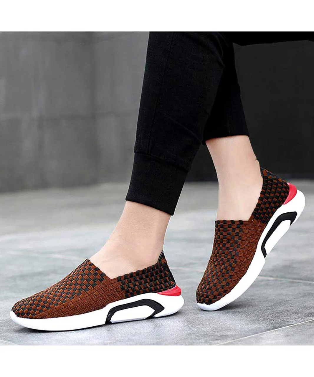 Brown check weave slip on shoe sneaker