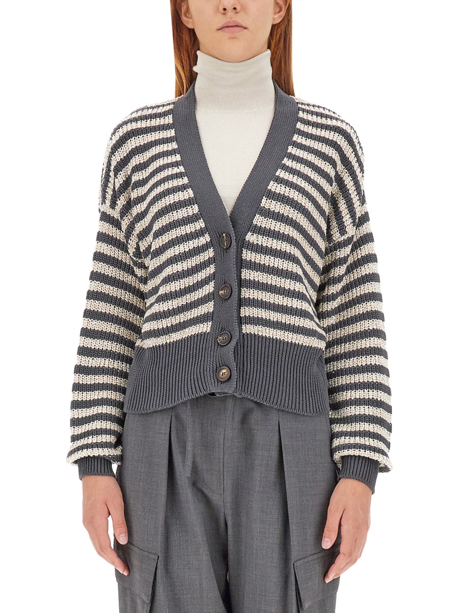 BRUNELLO CUCINELLI    STRIPED COTTON CARDIGAN WITH MICRO SEQUINS