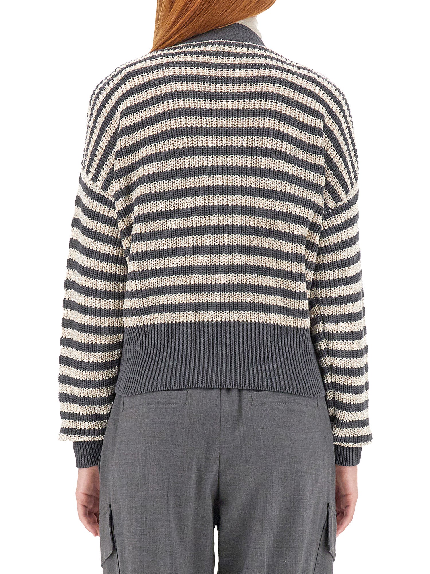 BRUNELLO CUCINELLI    STRIPED COTTON CARDIGAN WITH MICRO SEQUINS