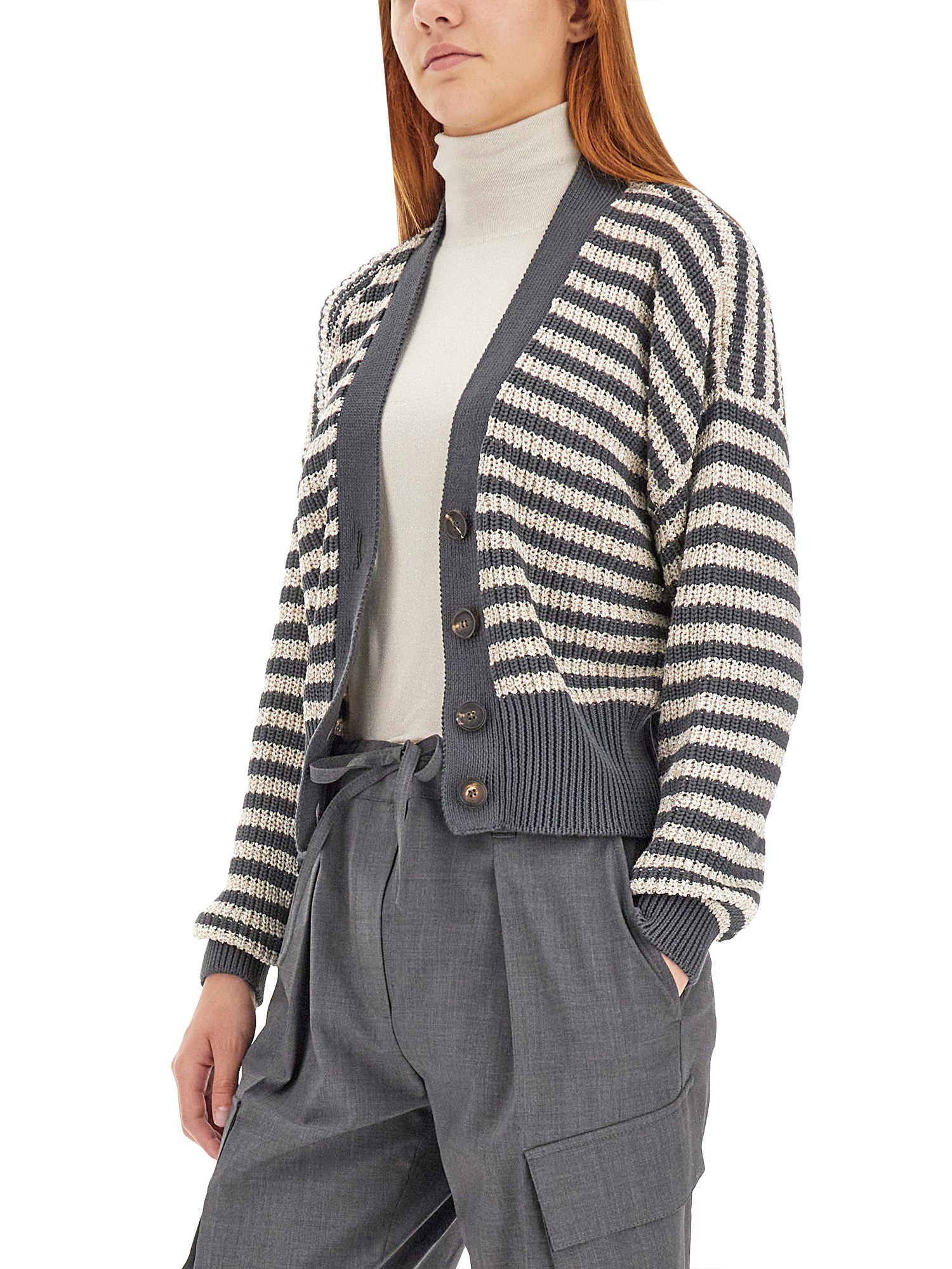 BRUNELLO CUCINELLI    STRIPED COTTON CARDIGAN WITH MICRO SEQUINS