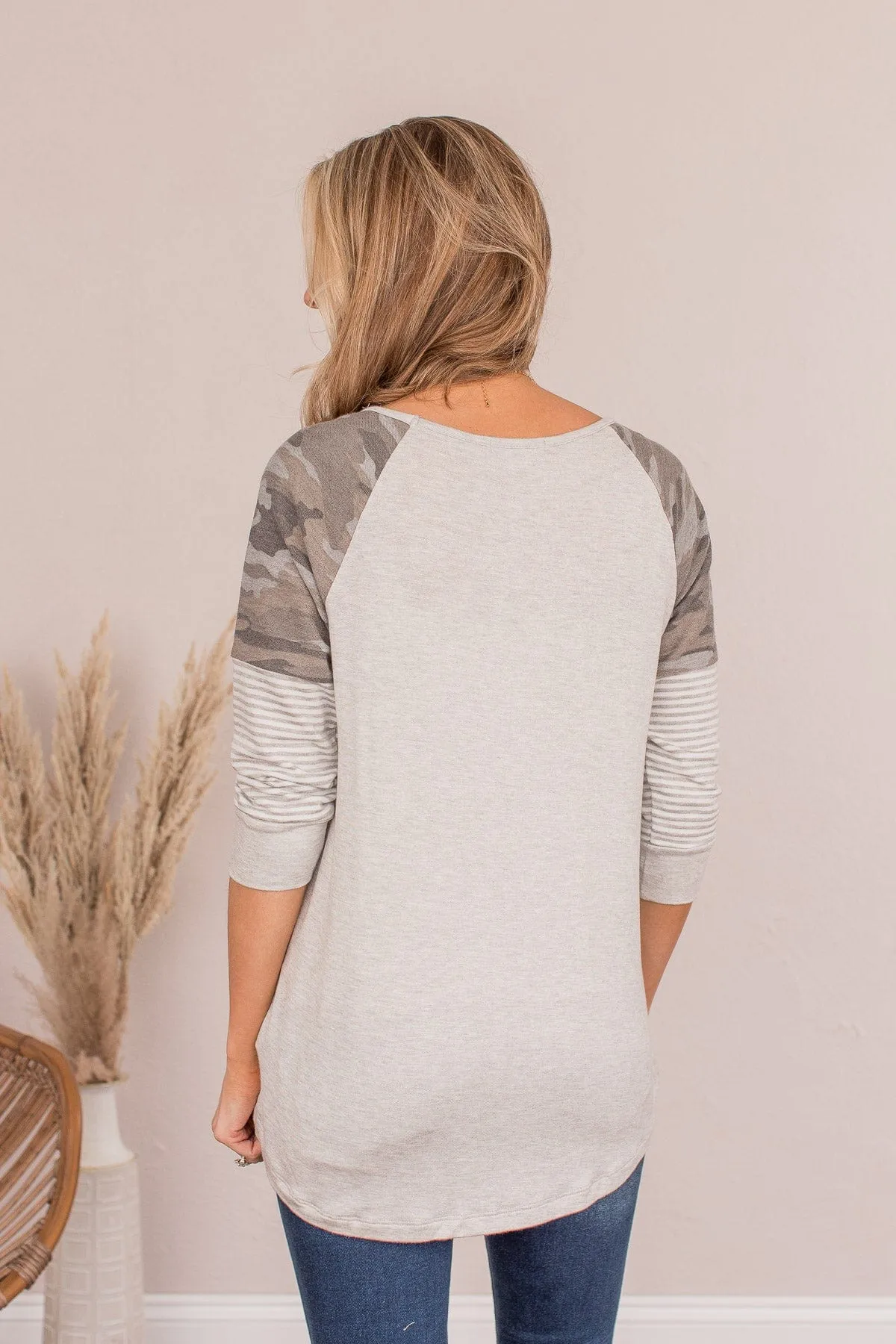 Catching Vibes Striped Camo Top- Gray