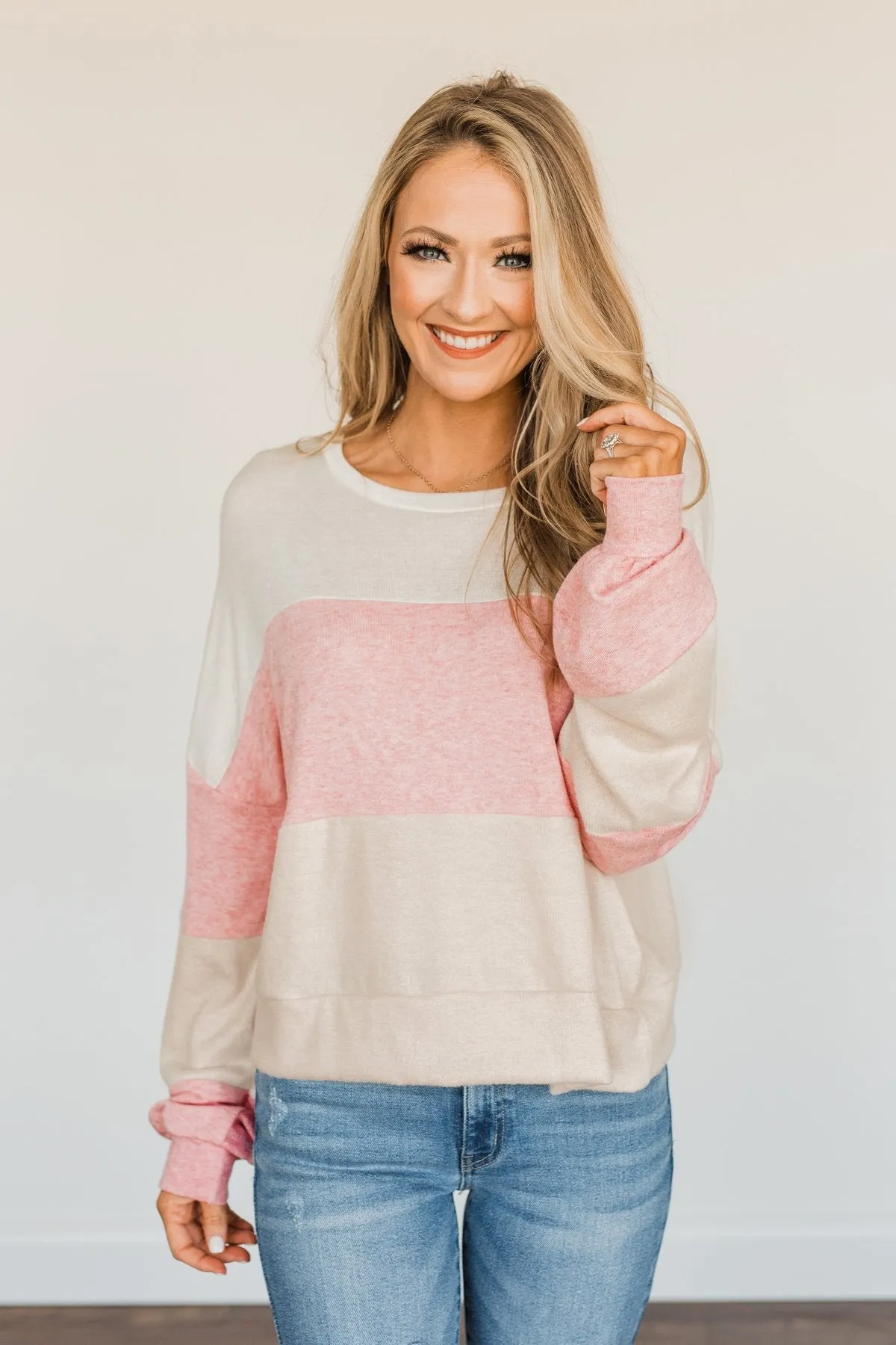 Chasing My Dreams Color Block Top- Ivory, Dusty Pink & Oatmeal