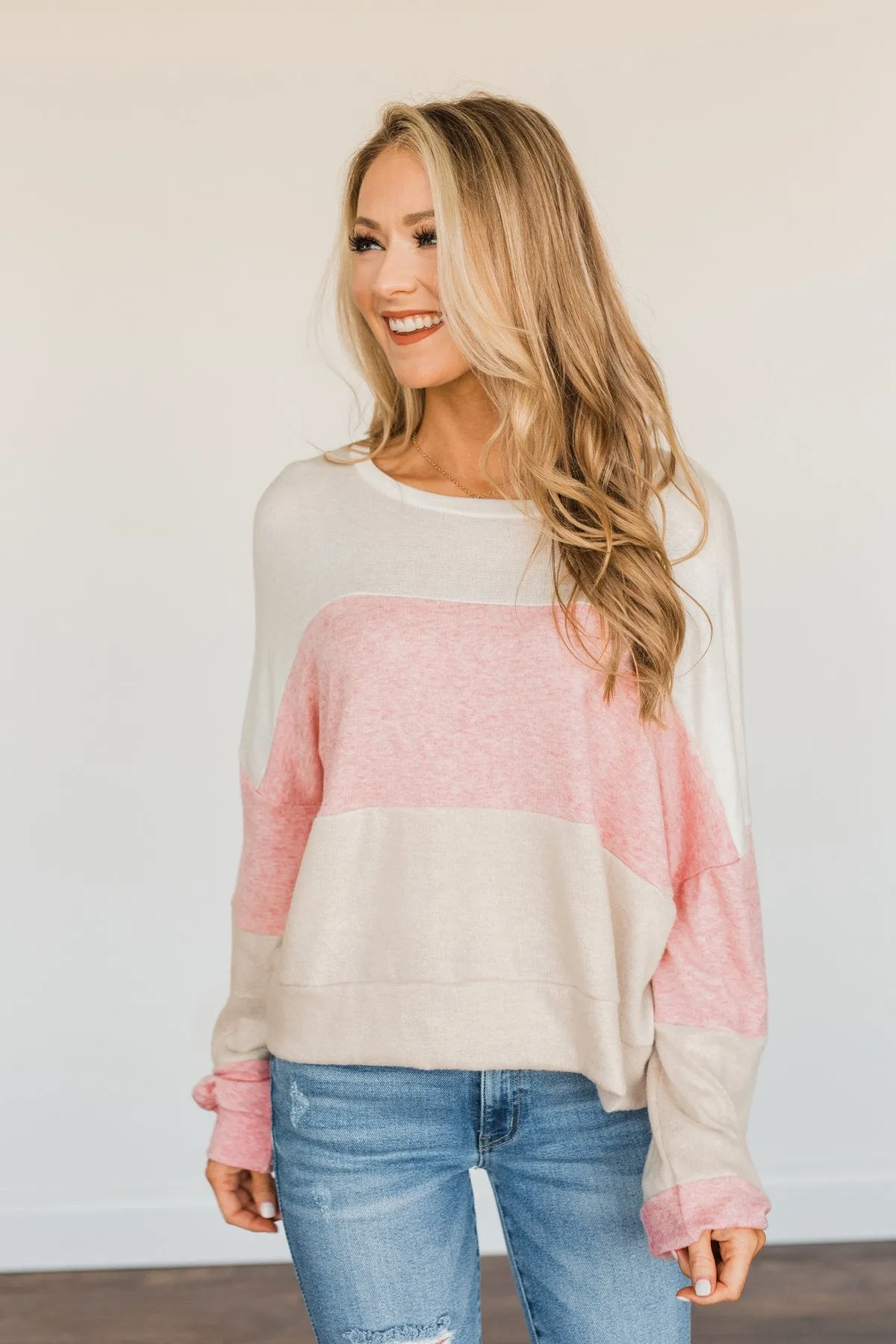 Chasing My Dreams Color Block Top- Ivory, Dusty Pink & Oatmeal