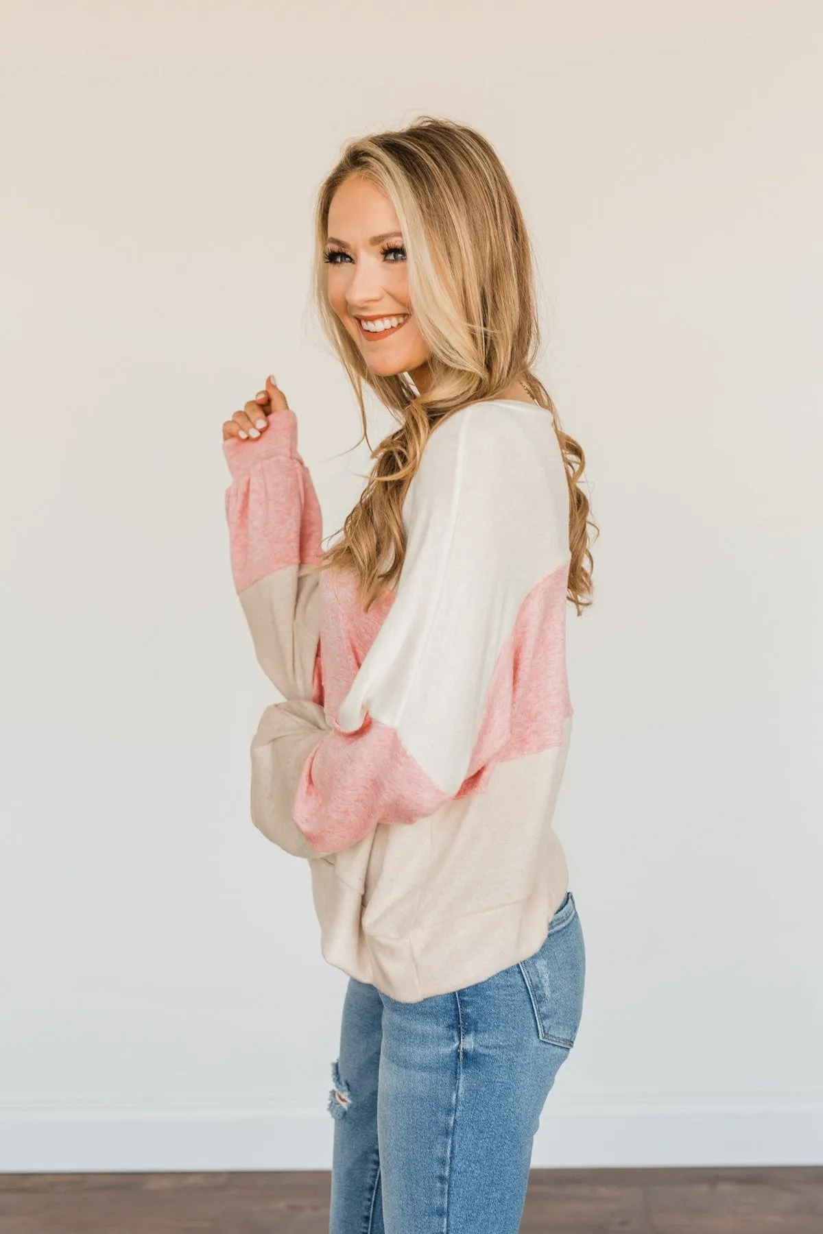 Chasing My Dreams Color Block Top- Ivory, Dusty Pink & Oatmeal