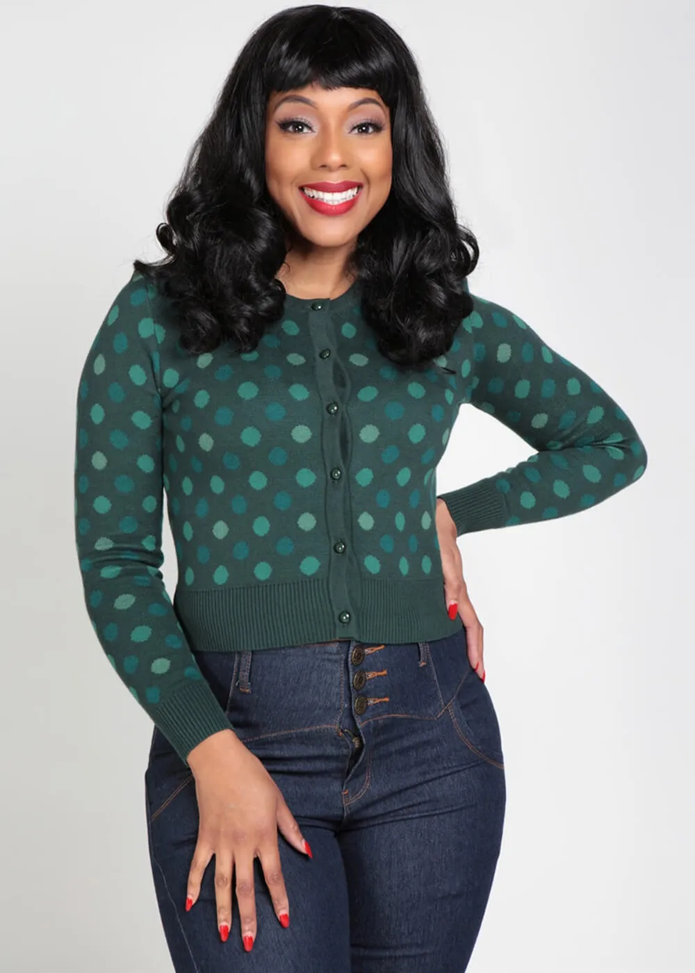 Collectif Jessie Jewel Polka 50's Cardigan Green