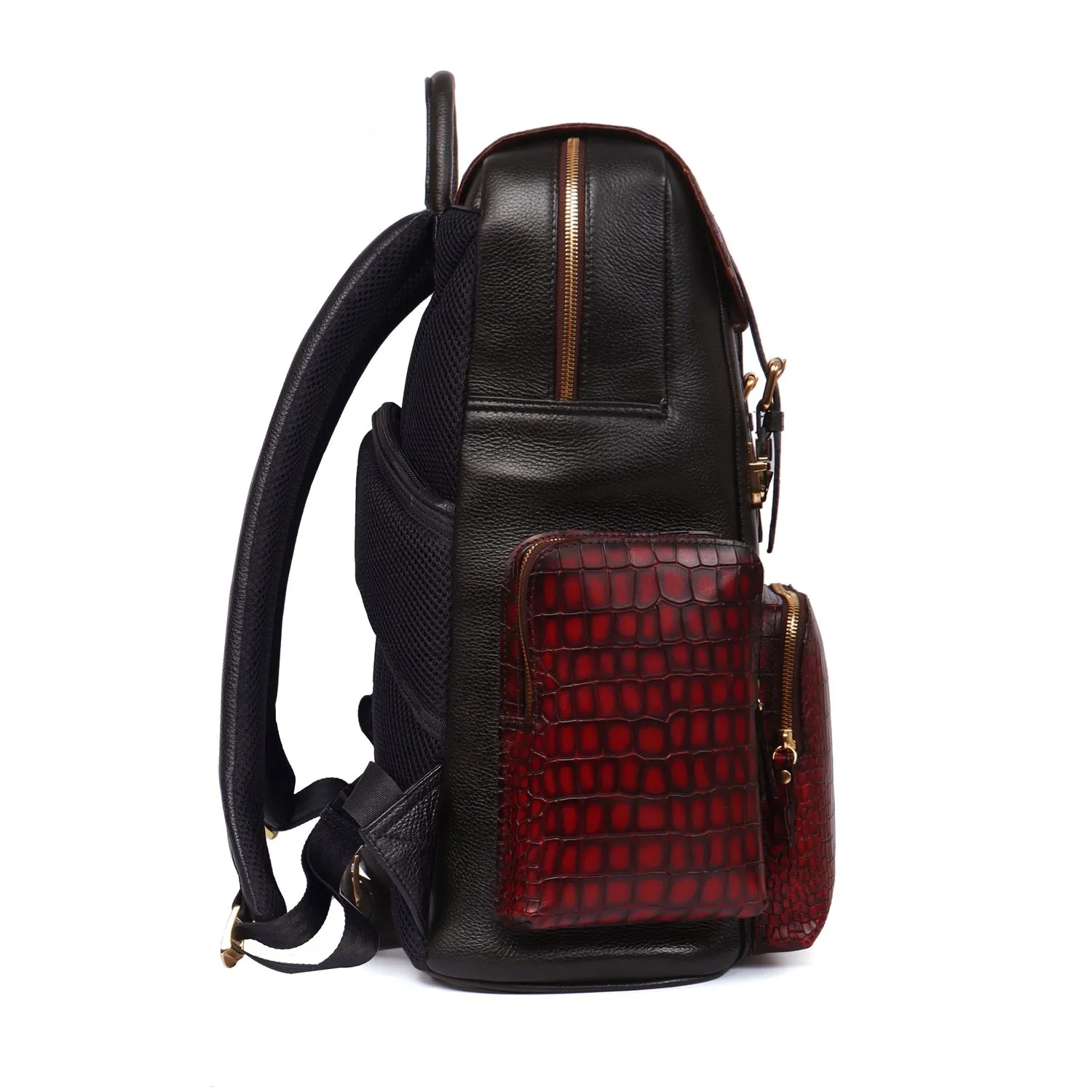 Contrasting Color Flap-Over Backpack in Croco Textured Genuine Leather