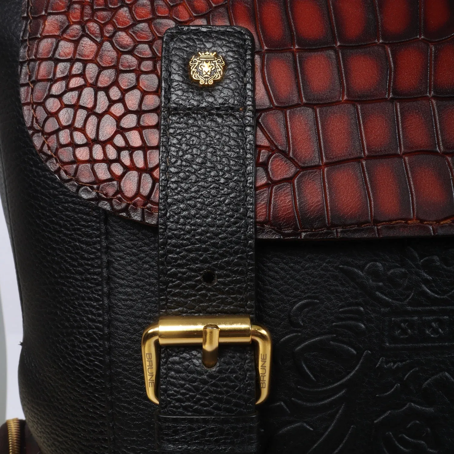 Contrasting Color Flap-Over Backpack in Croco Textured Genuine Leather