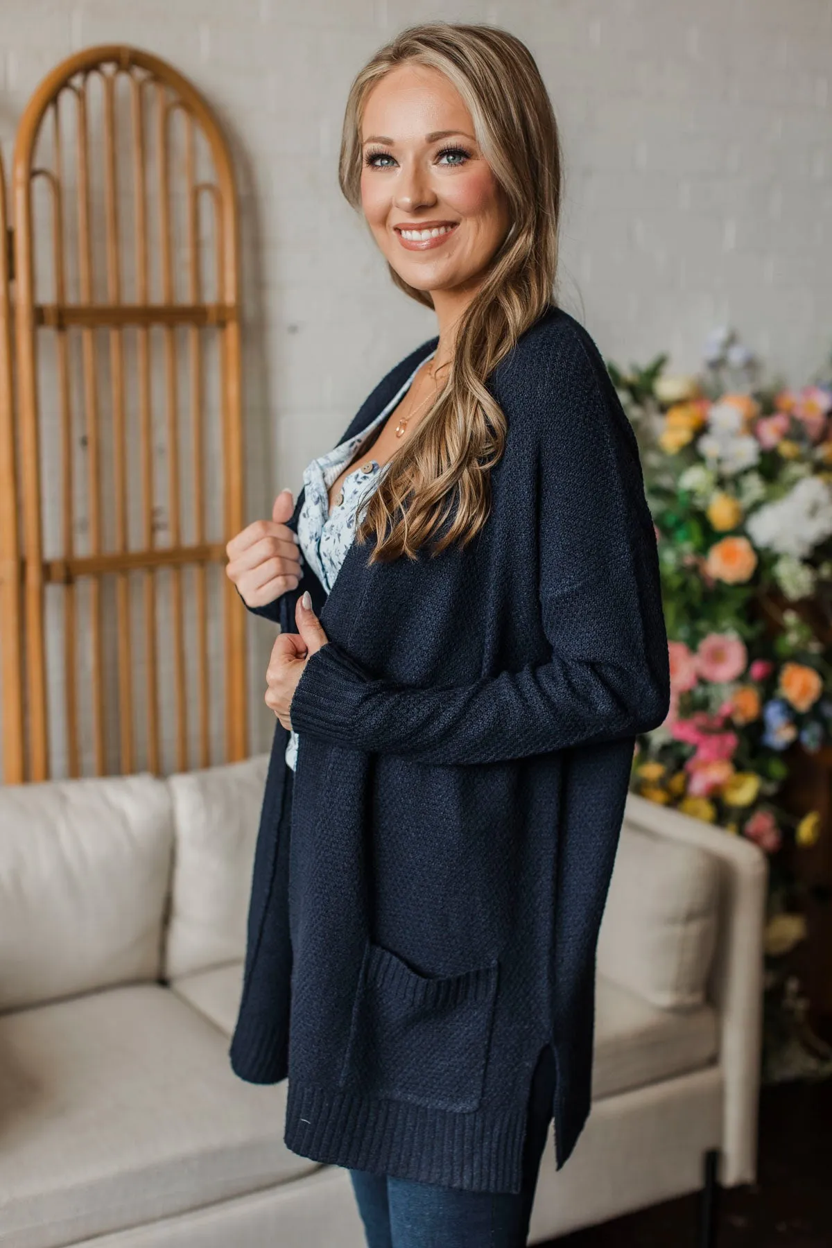 Cozy As Can Be Long Knitted Cardigan- Navy