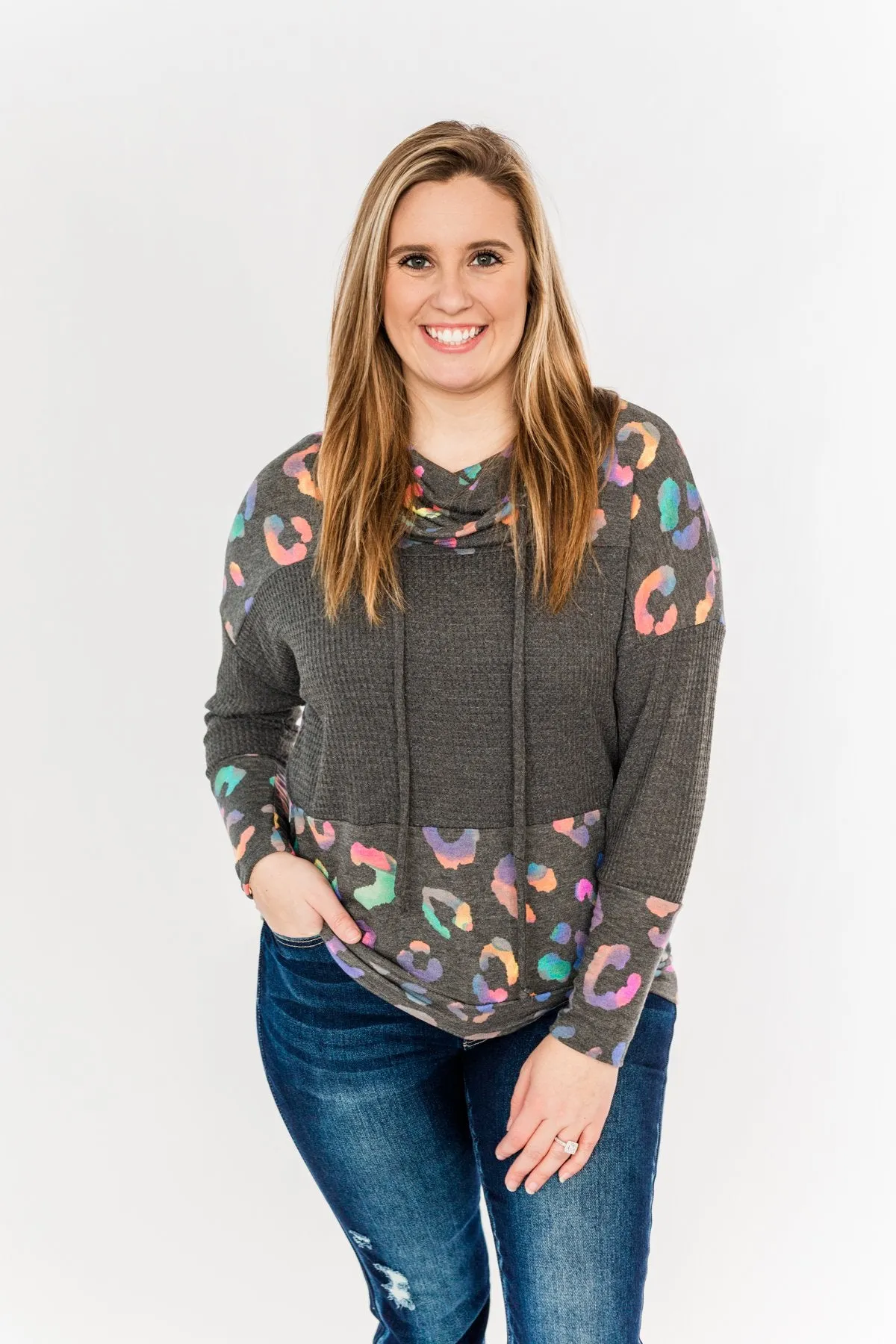 Crazy About Color Cowl Neck Top- Charcoal & Multi-Color