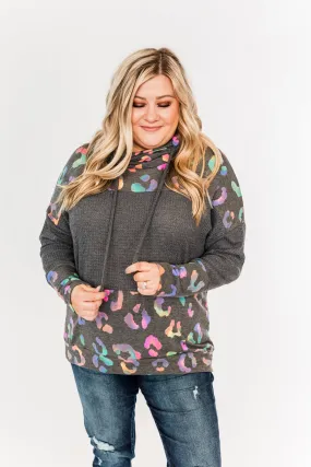 Crazy About Color Cowl Neck Top- Charcoal & Multi-Color