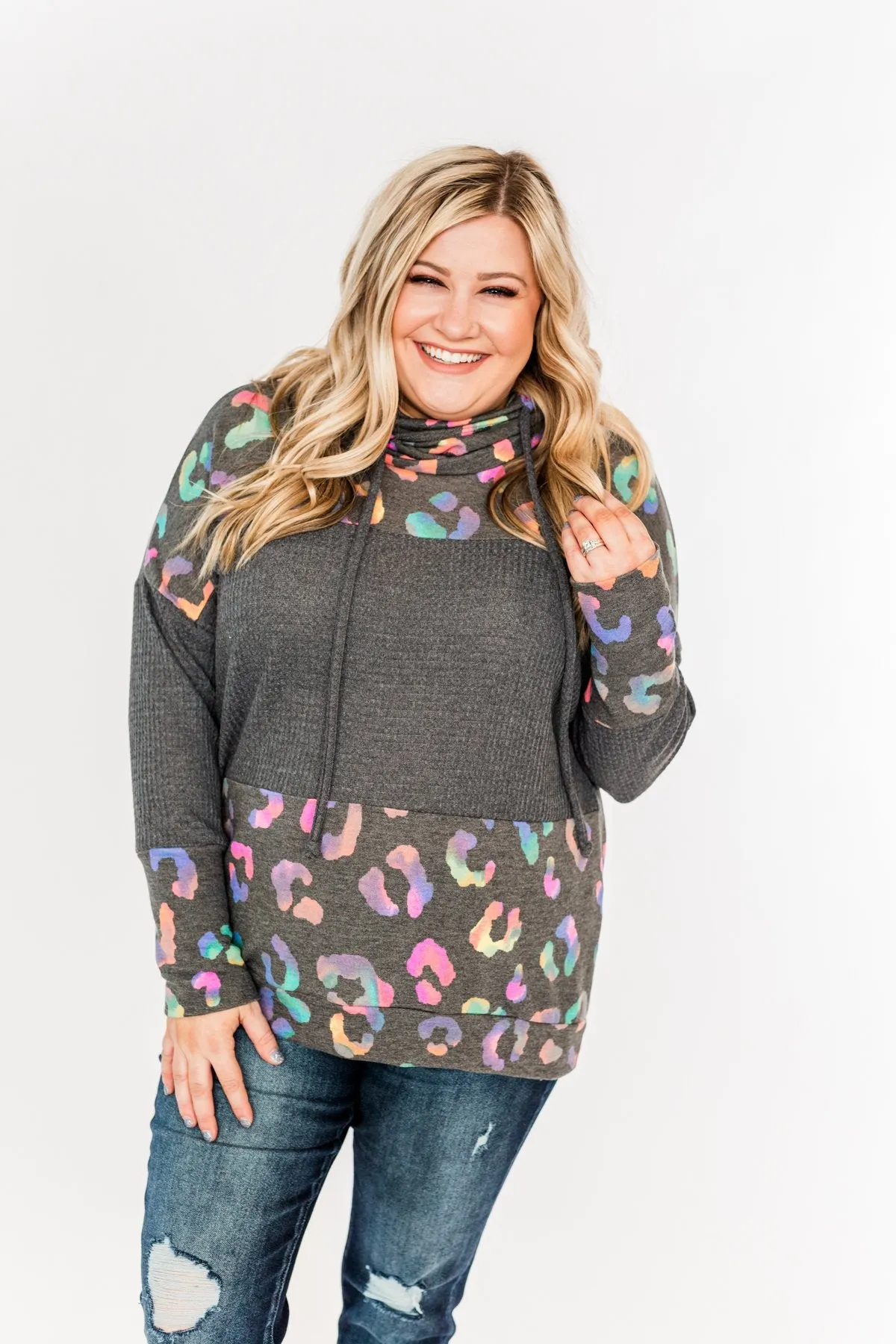 Crazy About Color Cowl Neck Top- Charcoal & Multi-Color