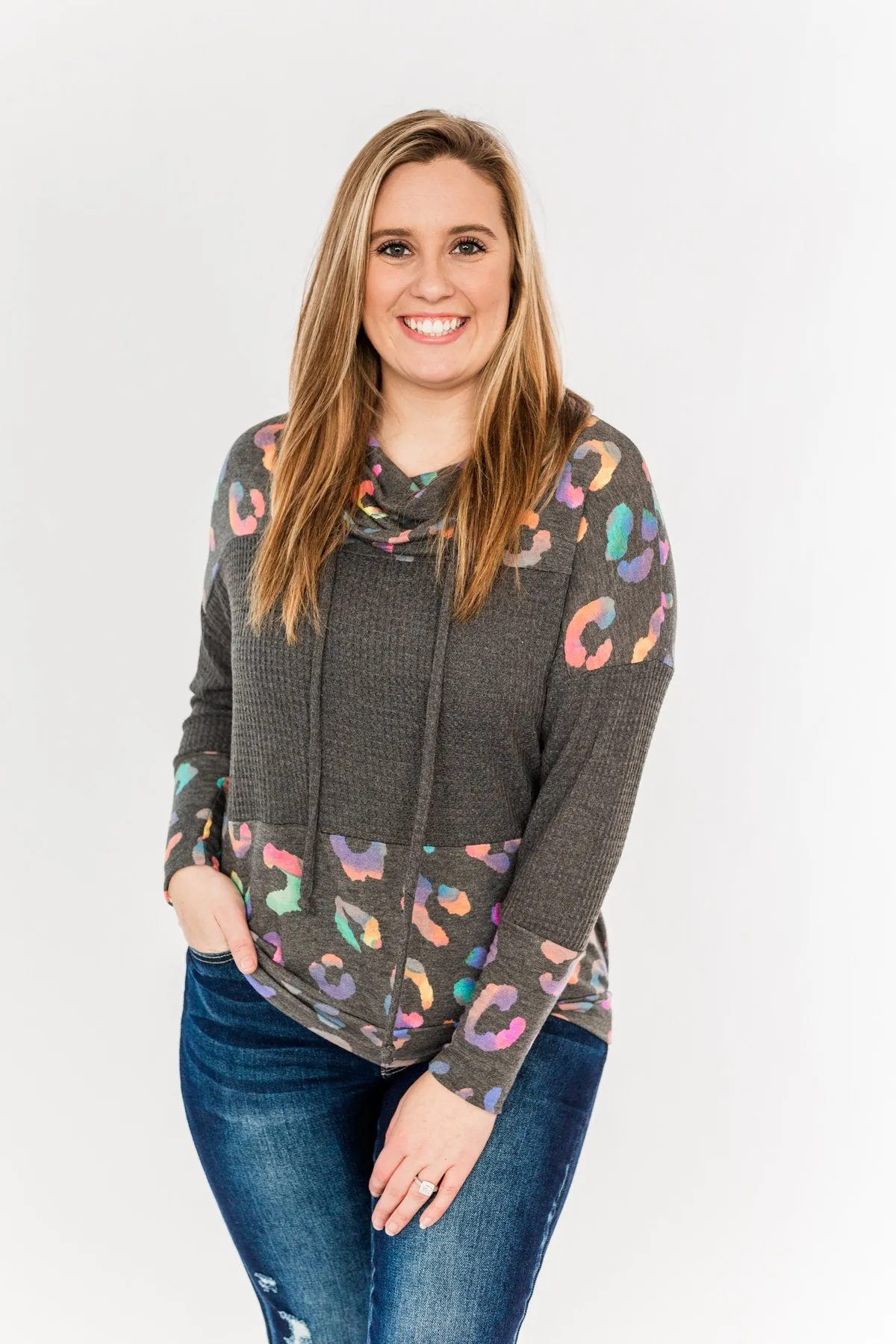 Crazy About Color Cowl Neck Top- Charcoal & Multi-Color