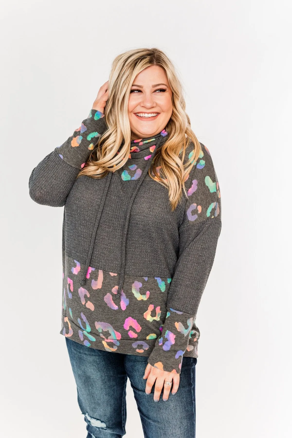 Crazy About Color Cowl Neck Top- Charcoal & Multi-Color