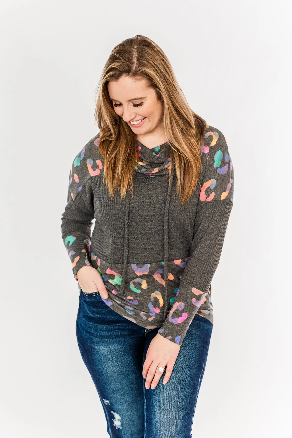 Crazy About Color Cowl Neck Top- Charcoal & Multi-Color